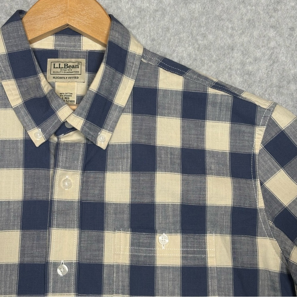 L.L. Bean Buffalo Plaid Short Sleeve Button Down Shirt-Blue/Off-White-Men Large